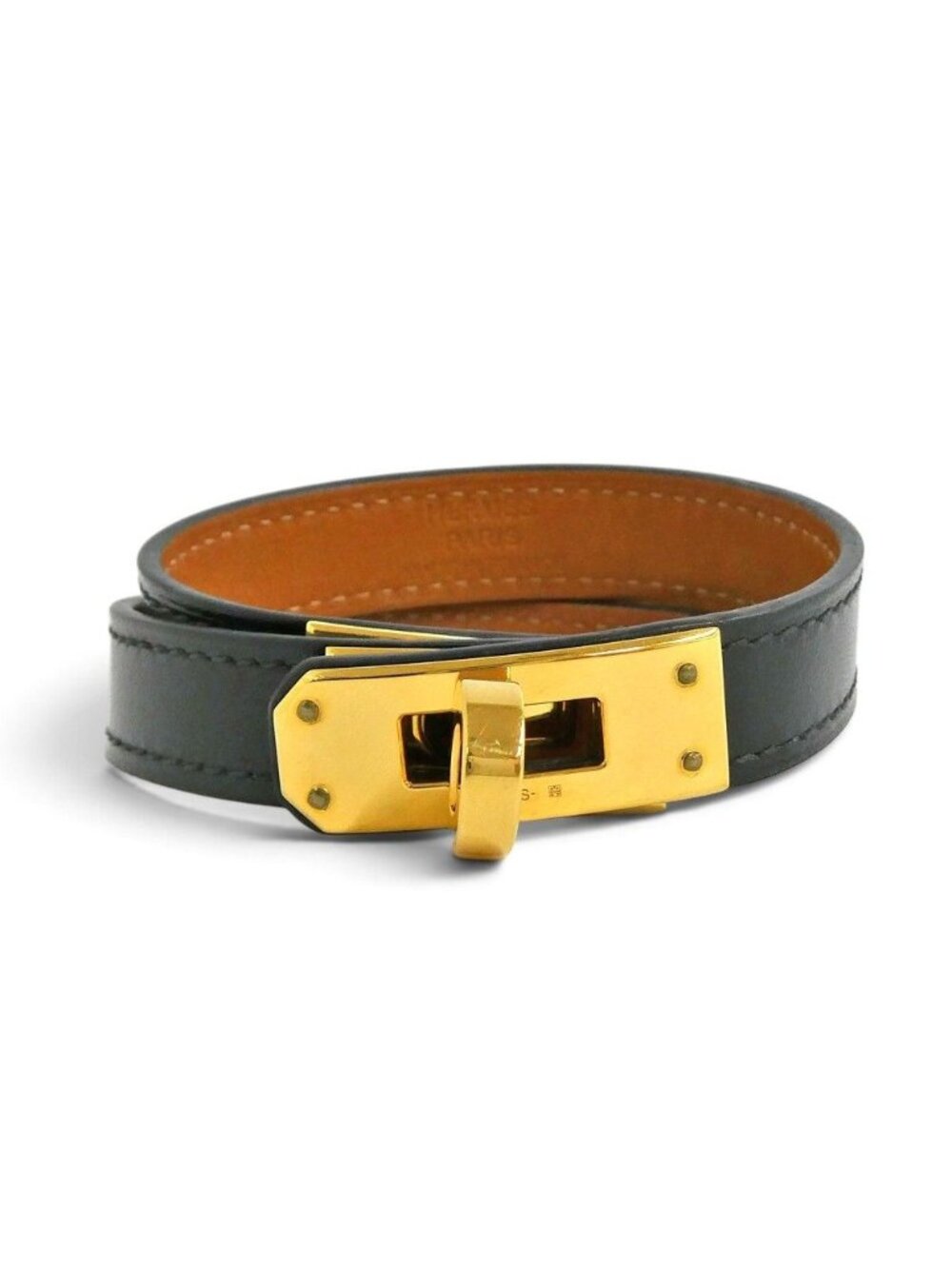 Hermes Leather Bracelet Kelly Double Tour Box Calf Black Gold T2